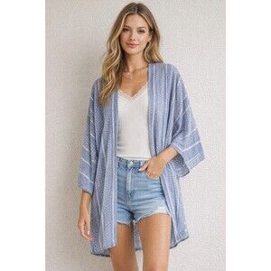 Entro Dusty Blue Print Kimono Women Size S Open Front Boho Lightweight Rayon